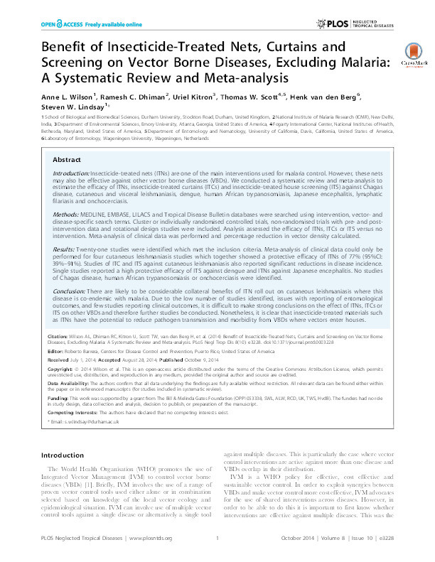 Benefit of Insecticide-Treated Nets, Curtains and Screening on Vector Borne Diseases, Excluding Malaria: A Systematic Review and Meta-analysis Thumbnail