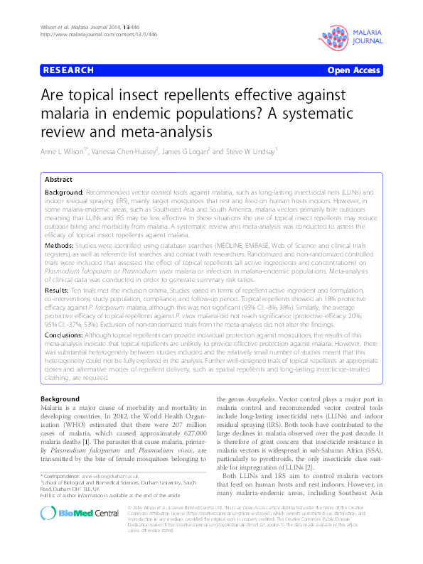 Are topical insect repellents effective against malaria in endemic populations? A systematic review and meta-analysis Thumbnail