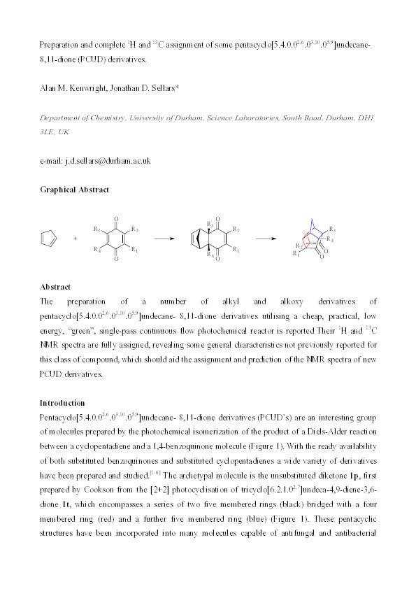 Preparation and complete 1 H and 13C assignment of some pentacyclo [5.4.0.02,6.03,10.05,9]undecane-8,11-dione (PCUD) derivatives Thumbnail