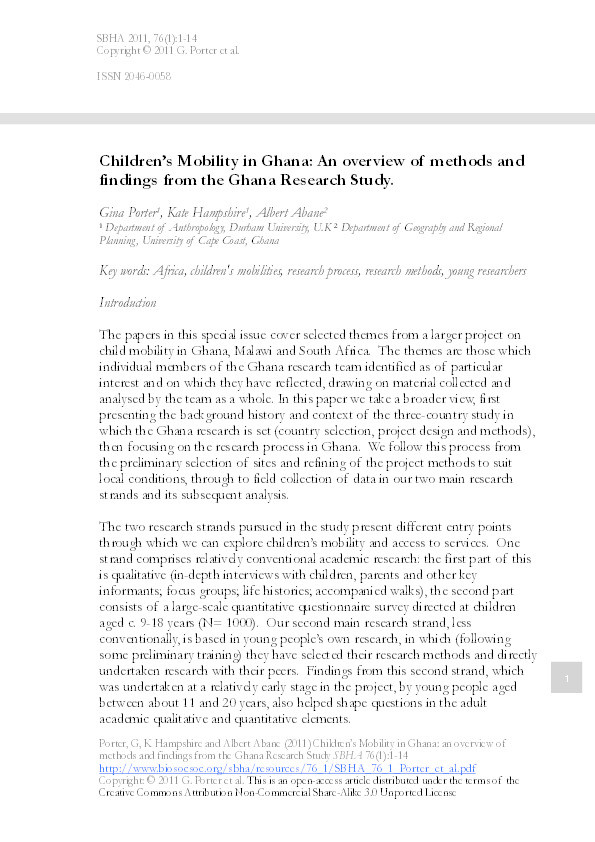 Children's mobility in Ghana: an overview of methods and findings from the Ghana research study Thumbnail