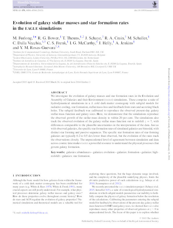 Evolution of galaxy stellar masses and star formation rates in the EAGLE simulations Thumbnail