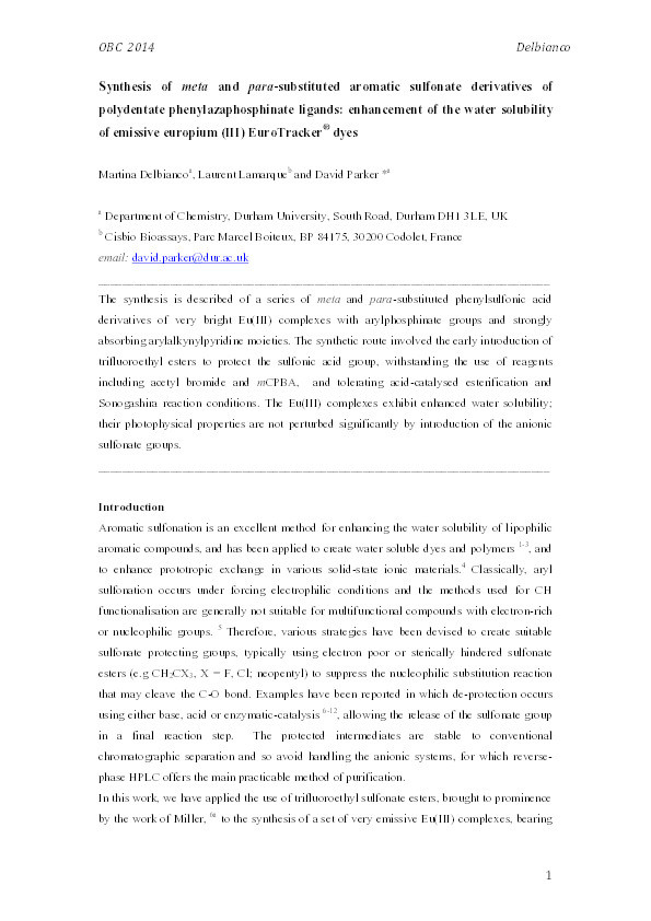 Synthesis of meta and para-substituted aromatic sulfonate derivatives of polydentate phenylazaphosphinate ligands: enhancement of the water solubility of emissive europium(III) EuroTracker® dyes Thumbnail