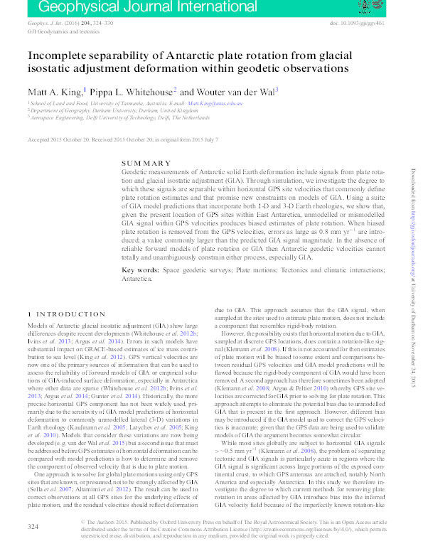 Incomplete separability of Antarctic plate rotation from glacial isostatic adjustment deformation within geodetic observations Thumbnail