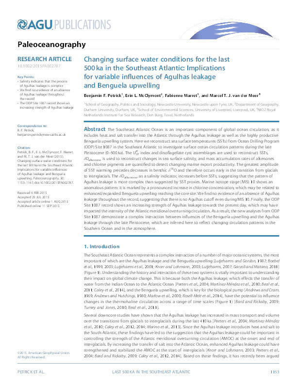 Changing surface water conditions for the last 500 ka in the Southeast Atlantic: Implications for variable influences of Agulhas leakage and Benguela upwelling Thumbnail