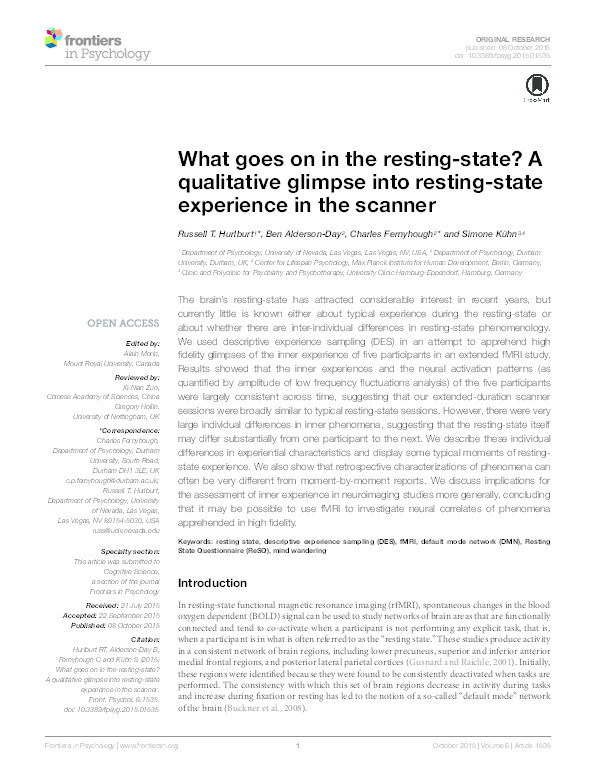What goes on in the resting state? A qualitative glimpse into resting-state experience in the scanner Thumbnail
