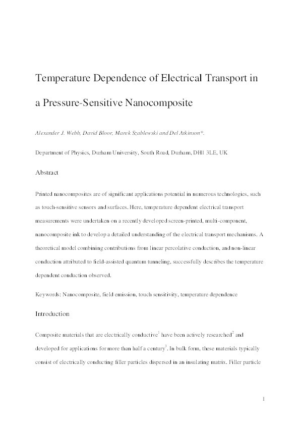 Temperature Dependence of Electrical Transport in a Pressure-Sensitive Nanocomposite Thumbnail