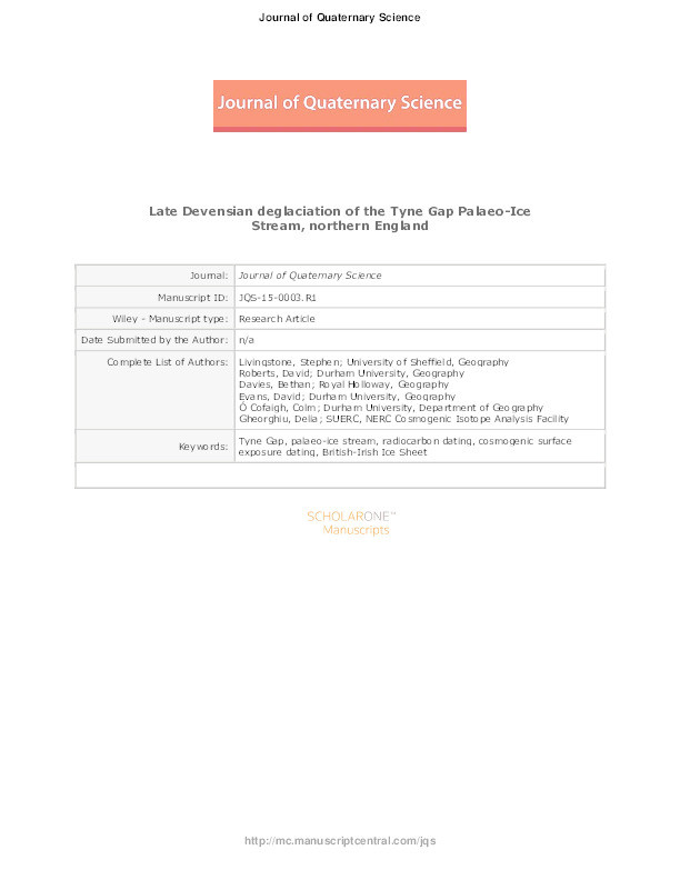Late Devensian deglaciation of the Tyne Gap Palaeo-Ice Stream, northern England Thumbnail