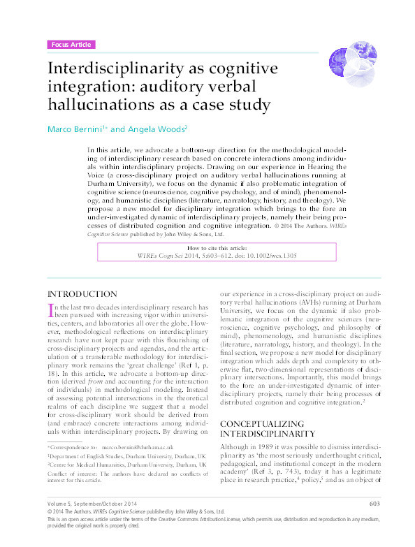 Interdisciplinarity as Cognitive Integration: Auditory verbal Hallucinations as a Case study Thumbnail