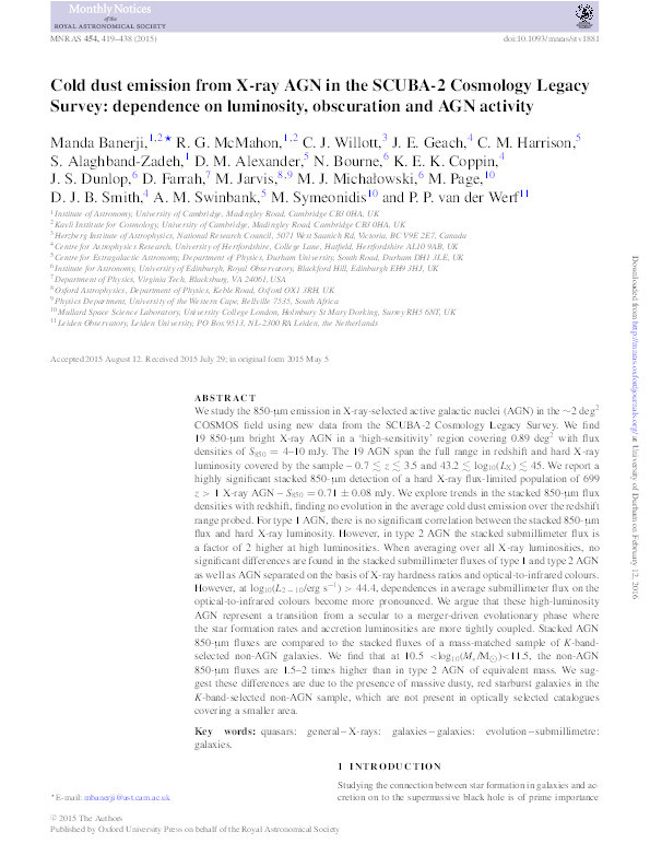 Cold dust emission from X-ray AGN in the SCUBA-2 Cosmology Legacy Survey: dependence on luminosity, obscuration and AGN activity Thumbnail