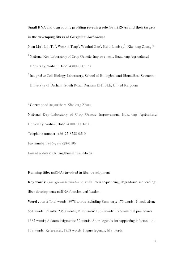 Small RNA and degradome profiling reveals a role for miRNAs and their targets in the developing fibers of Gossypium barbadense Thumbnail