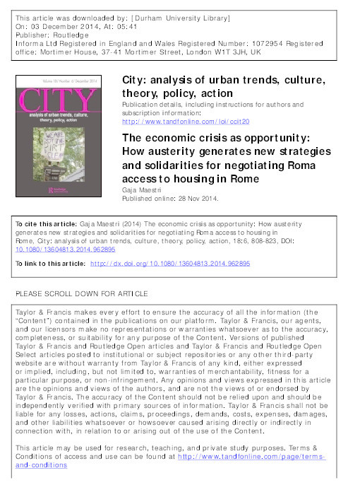 The Economic Crisis as Opportunity: How Austerity Generates New Strategies and Solidarities for Negotiating Roma Access to Housing in Rome Thumbnail
