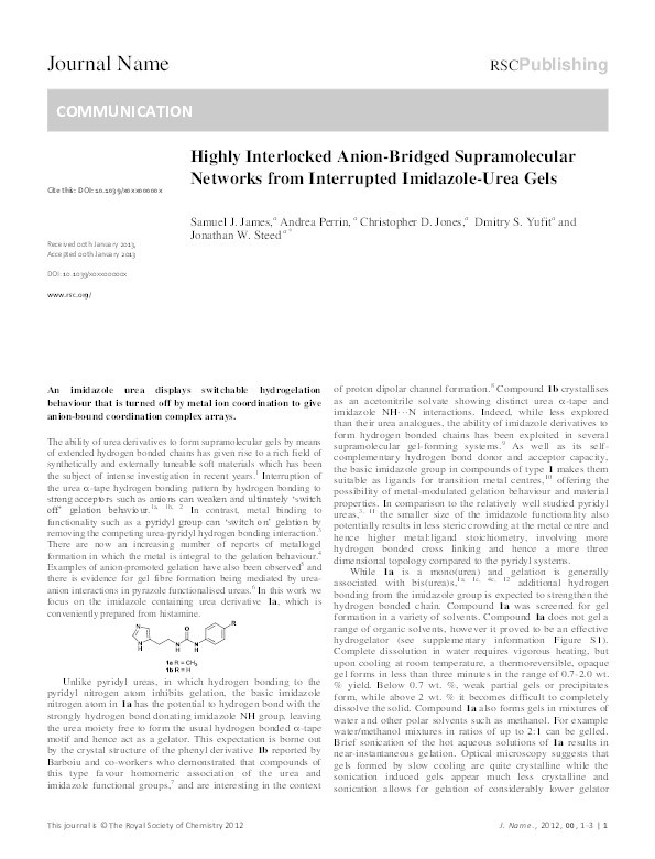 Highly Interlocked Anion-Bridged Supramolecular Networks from Interrupted Imidazole-Urea Gels Thumbnail