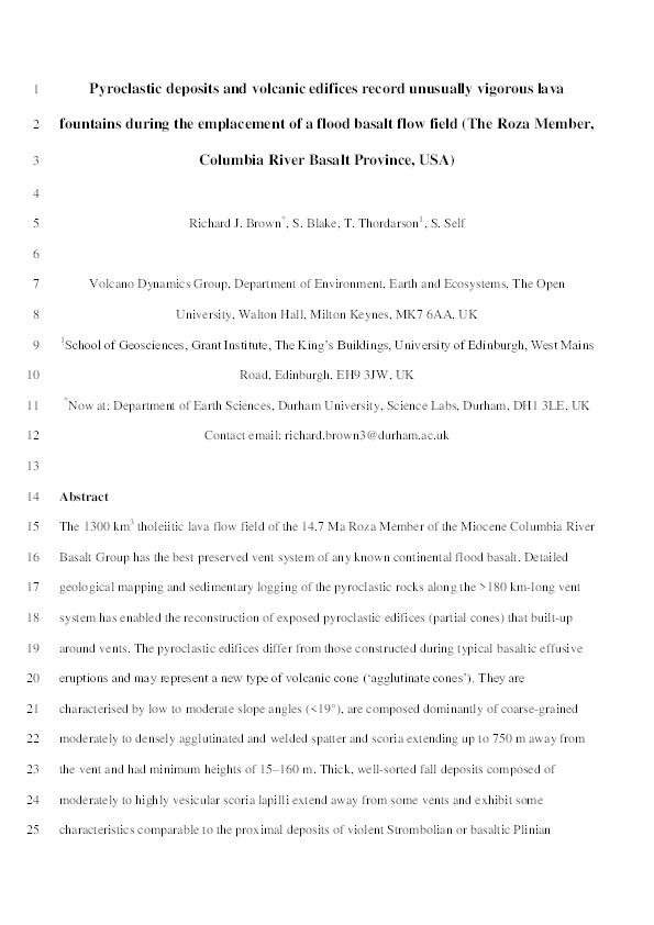 Pyroclastic edifices record vigorous lava fountains during the emplacement of a flood basalt flow field, Roza Member, Columbia River Basalt Province, USA Thumbnail