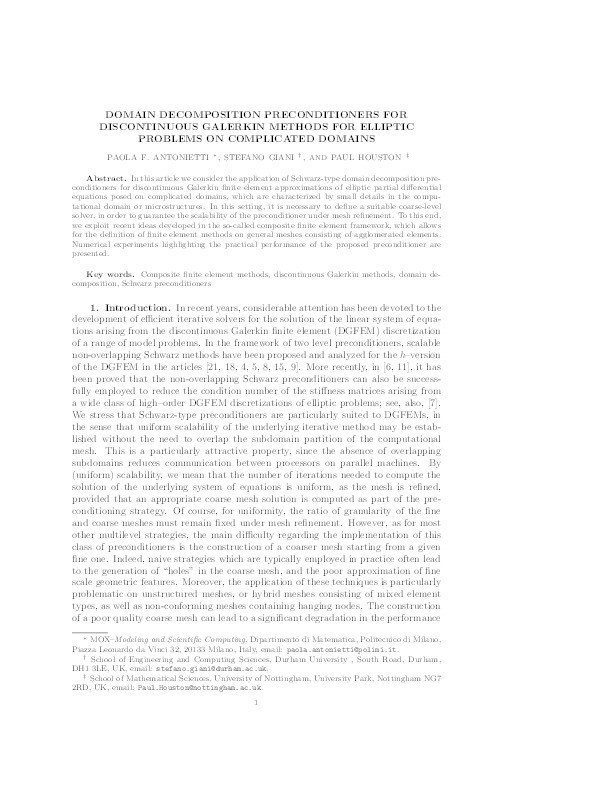 Domain Decomposition Preconditioners for Discontinuous Galerkin Methods for Elliptic Problems on Complicated Domains Thumbnail