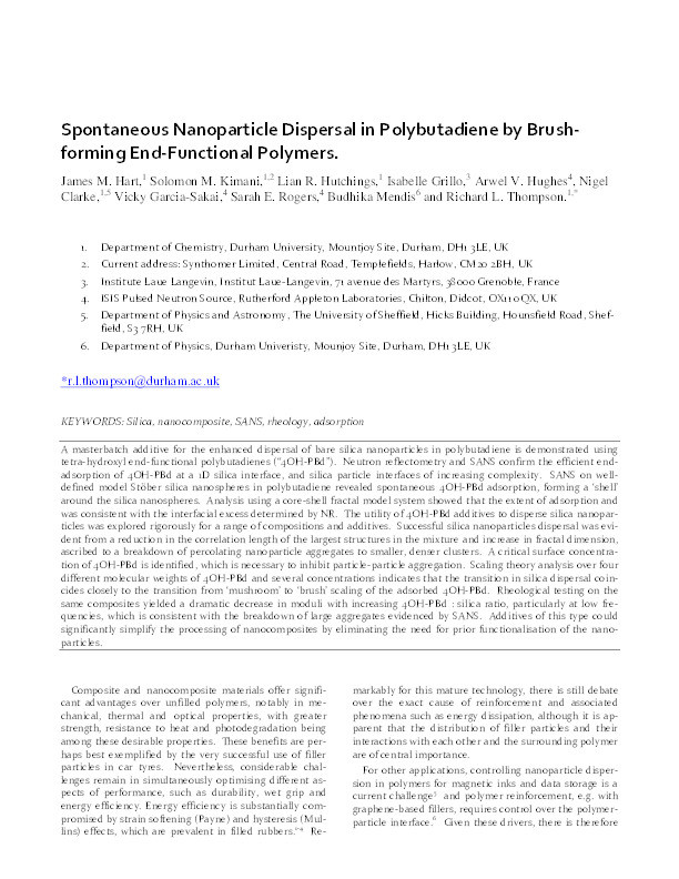 Spontaneous Nanoparticle Dispersal in Polybutadiene by Brush-Forming End-Functional Polymers Thumbnail