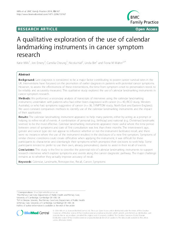 A qualitative exploration of the use of calendar landmarking instruments in cancer symptom research Thumbnail