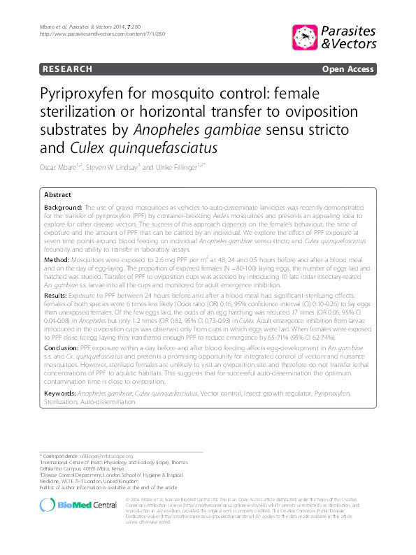 Pyriproxyfen for mosquito control:female sterilization or horizontal transfer to ovipsoition substrates by Anopheles gambaie sensu stricto and Culex quinquefasciatus Thumbnail