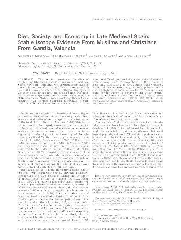 Diet, society, and economy in late medieval Spain: Stable isotope evidence from Muslims and Christians from Gandía, Valencia Thumbnail
