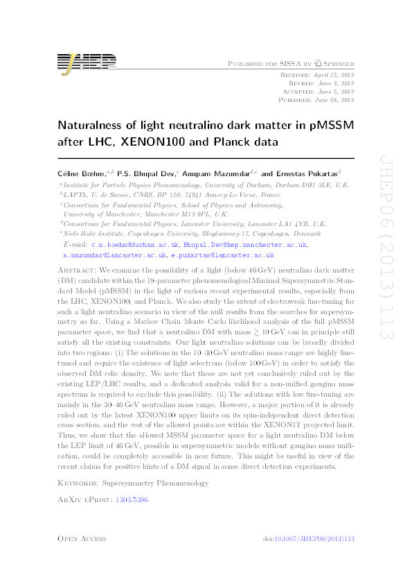 Naturalness of Light Neutralino Dark Matter in pMSSM after LHC, XENON100 and Planck Data Thumbnail