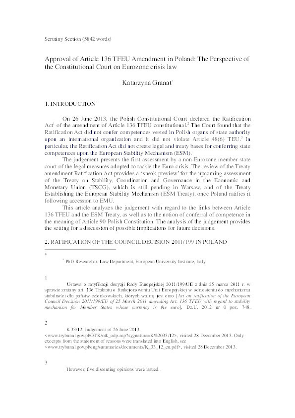 Approval of Article 136 TFEU Amendment in Poland: The Perspective of the Constitutional Court on Eurozone Crisis Law Thumbnail