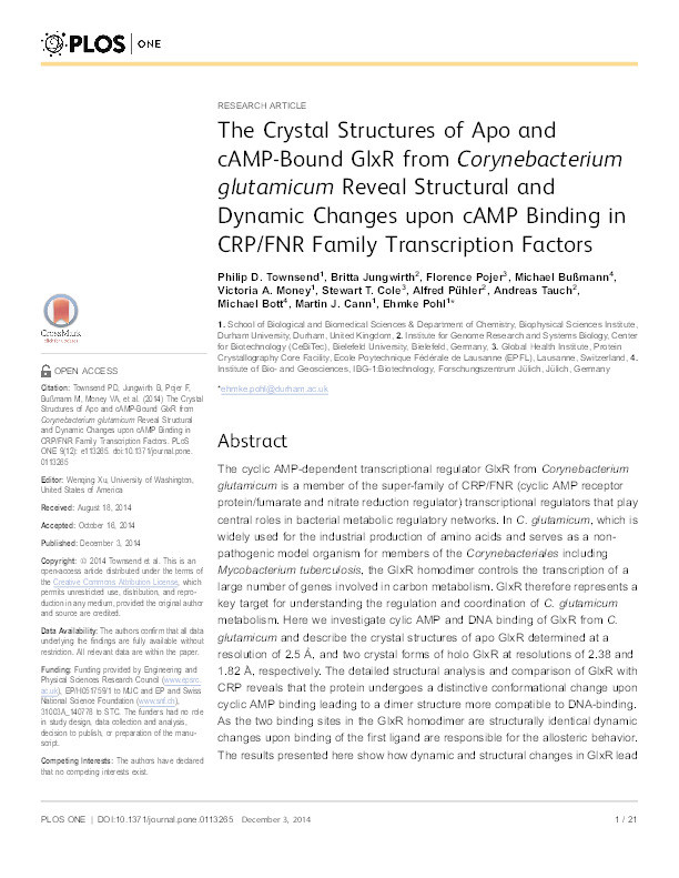 The crystal structures of apo and cAMP-bound GlxR from Corynebacterium glutamicum reveal structural and dynamic changes upon cAMP binding in CRP/FNR family transcription factors Thumbnail