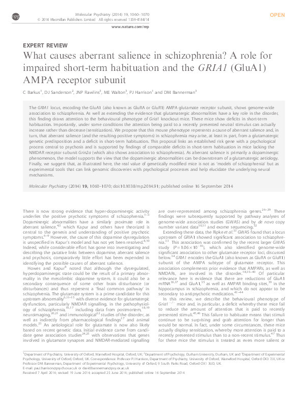 What causes aberrant salience in schizophrenia? A role for impaired short-term habituation and the GRIA1 (GluA1) AMPA receptor subunit Thumbnail