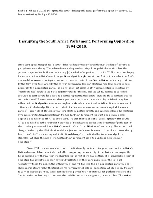 Disrupting the South African parliament: performing opposition 1994–2010 Thumbnail