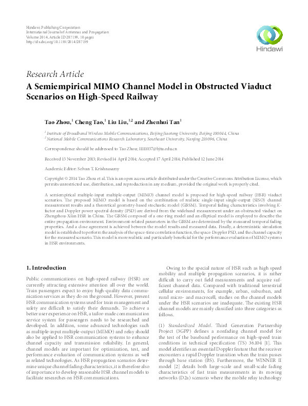 A Semiempirical MIMO Channel Model in Obstructed Viaduct Scenarios on High-Speed Railway Thumbnail