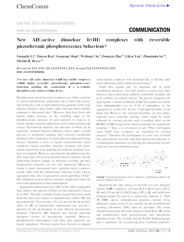 New AIE-active dinuclear Ir(III) complexes with reversible piezochromic phosphorescence behaviour Thumbnail
