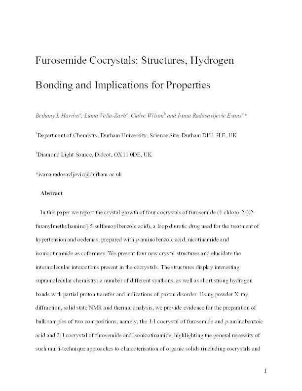 Furosemide Cocrystals: Structures, Hydrogen Bonding, and Implications for Properties Thumbnail