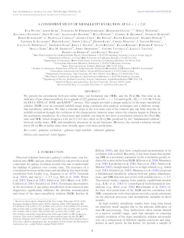 A Consistent Study of Metallicity Evolution at 0.8 < z < 2.6 Thumbnail
