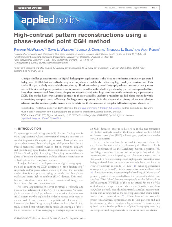 High contrast pattern reconstructions using a phase-seeded point CGH method Thumbnail