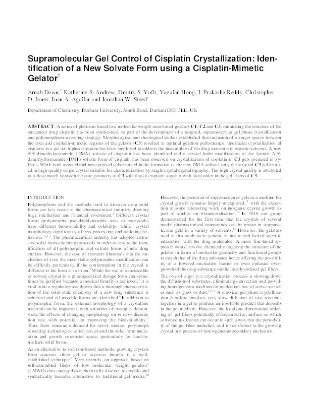 Supramolecular Gel Control of Cisplatin Crystallization: Identification of a New Solvate Form Using a Cisplatin-Mimetic Gelator Thumbnail