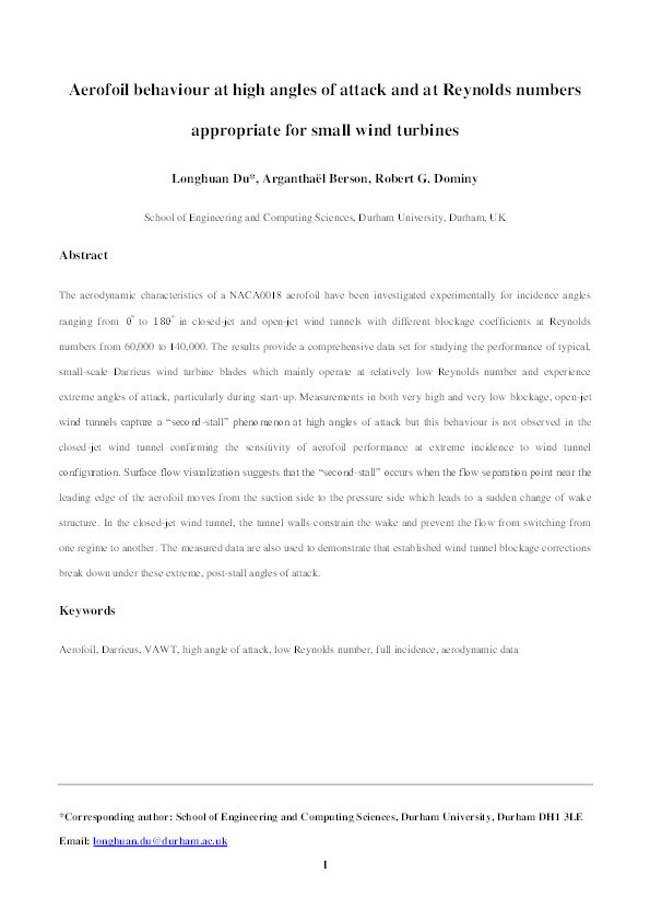 Aerofoil behaviour at high angles of attack and at Reynolds numbers appropriate for small wind turbines Thumbnail