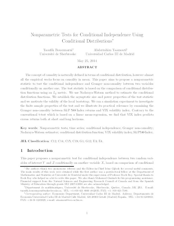 Nonparametric tests for conditional independence using conditional distributions Thumbnail