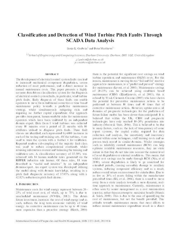 Classification and Detection of Wind Turbine Pitch Faults Through SCADA Data Analysis Thumbnail