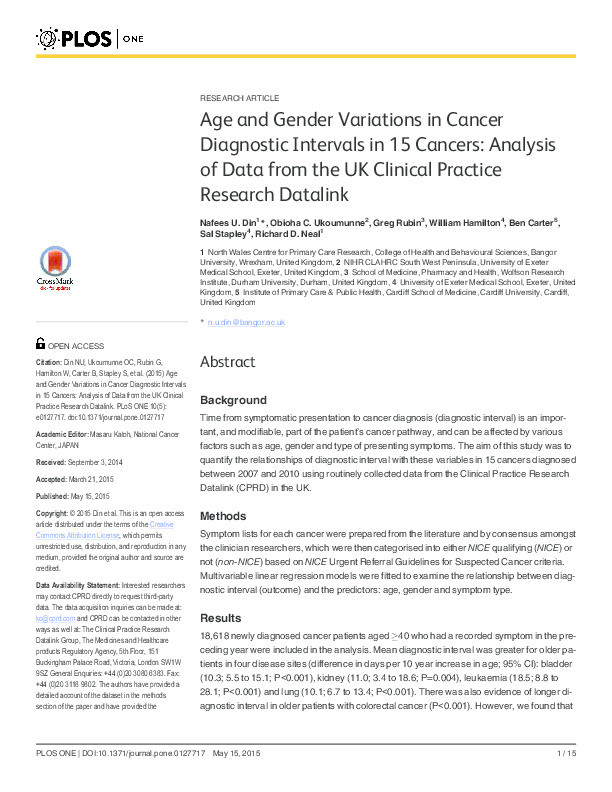 Age and gender variations in cancer diagnostic intervals in 15 cancers: analysis of data from the UK Clinical Practice Research Datalink Thumbnail