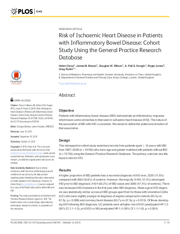 Risk of ischaemic heart disease in patients with inflammatory bowel disease: cohort study using the General Practice Research Database Thumbnail