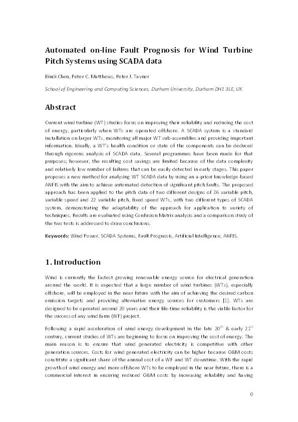 Automated on-line fault prognosis for wind turbine pitch systems using supervisory control and data acquisition Thumbnail