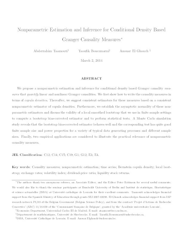 Nonparametric estimation and inference for conditional density based Granger causality measures Thumbnail
