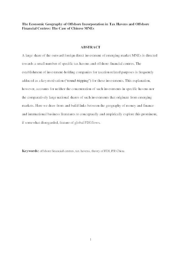 The economic geography of offshore incorporation in tax havens and offshore financial centres: the case of Chinese MNEs Thumbnail