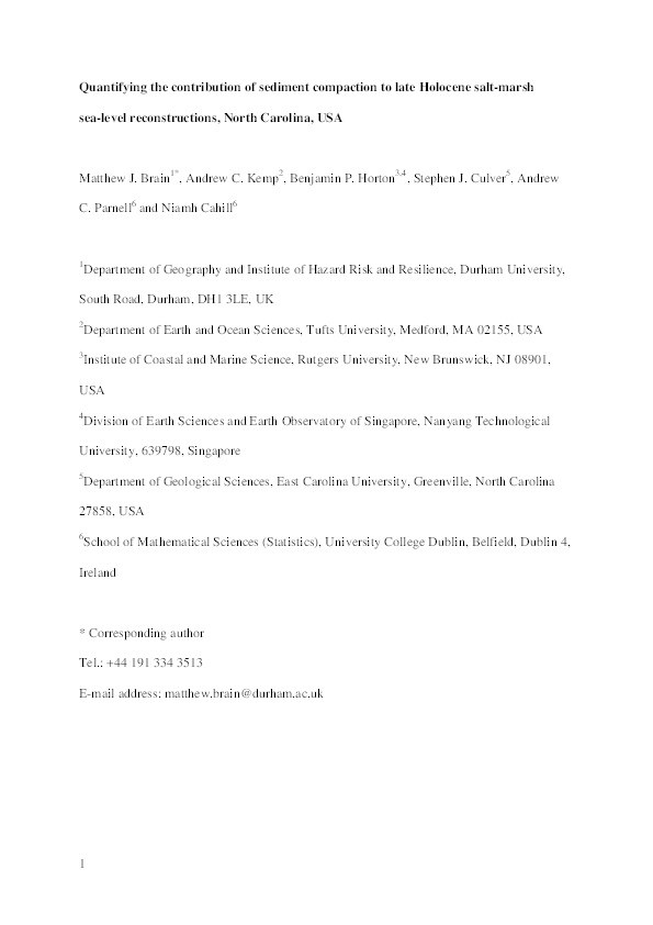 Quantifying the contribution of sediment compaction to late Holocene salt-marsh sea-level reconstructions, North Carolina, USA Thumbnail