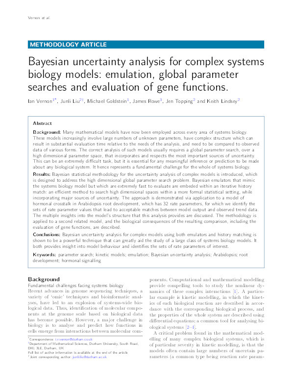 Bayesian uncertainty analysis for complex systems biology models: emulation, global parameter searches and evaluation of gene functions Thumbnail