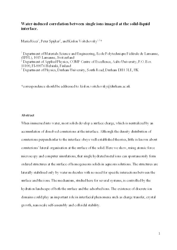 Water-induced correlation between single ions imaged at the solid–liquid interface Thumbnail