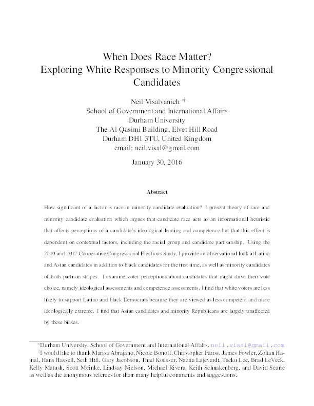 When Does Race Matter? Exploring White Responses to Minority Congressional Candidates Thumbnail