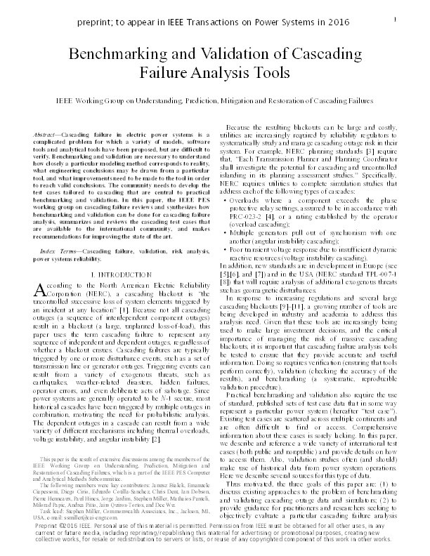 Benchmarking and Validation of Cascading Failure Analysis Tools Thumbnail