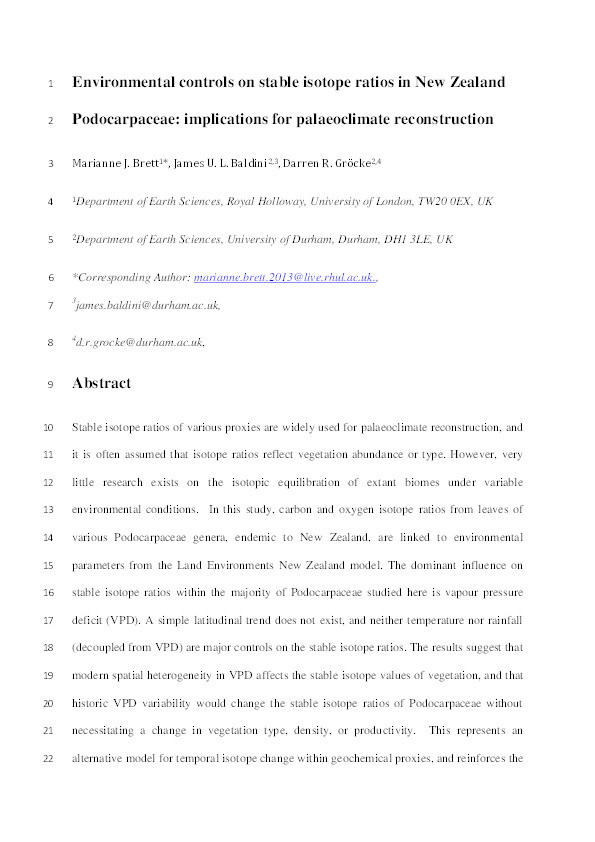 Environmental controls on stable isotope ratios in New Zealand Podocarpaceae: implications for palaeoclimate reconstruction Thumbnail