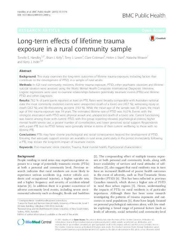 Long-term effects of lifetime trauma exposure in a rural community sample Thumbnail