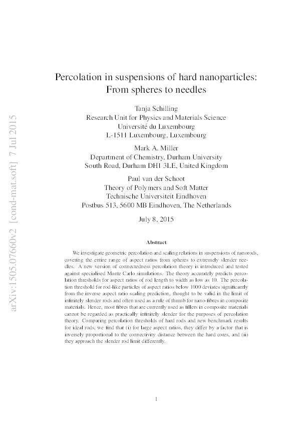 Percolation in suspensions of hard nanoparticles: From spheres to needles Thumbnail