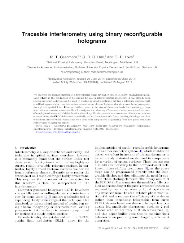 Traceable interferometry using binary reconfigurable holograms Thumbnail